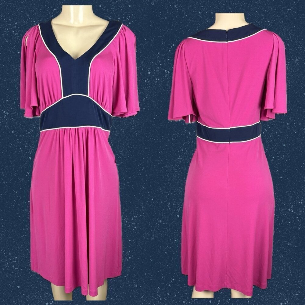 Vicky Tiel M Pink-Navy Colorblock V-Neck Zip Short Split Sleeve Below Knee Dress